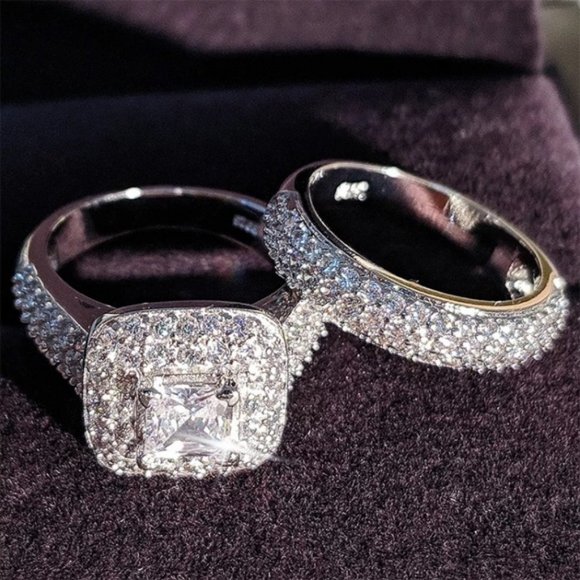 NEW 925 Sterling Silver Princess Halo Ring Set - Picture 1 of 10
